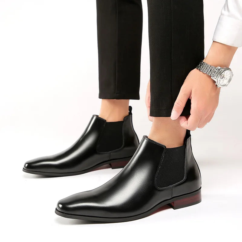 Elegant Simple Men Leather Boots Long Tip Square Toe British Chelsea Boots for Men Formal Business Luxury Shoes Spring Winter