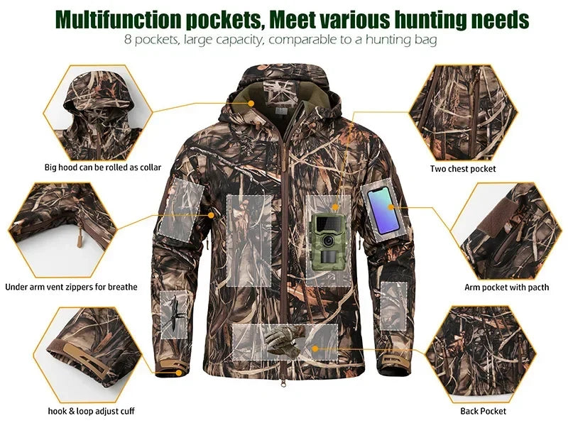 Men's Silent Camouflage Hunting Jacket Waterproof Fleece Tactical Jackets Soft Shell Outdoor Hiking Fishing Hooded Coat