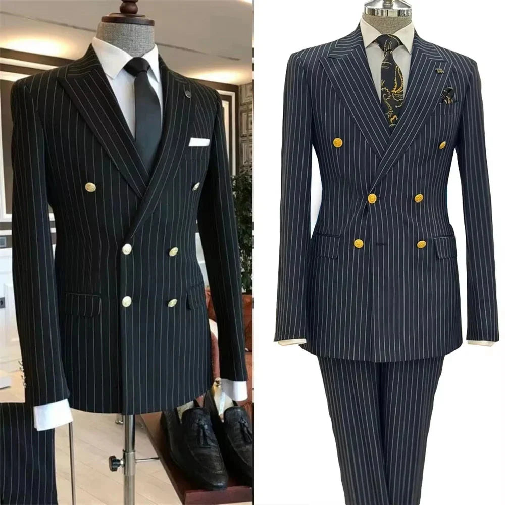 Men's 2 Piece Striped Suit Set Golden Double Breasted Lapel Jacket Elastic Pants Wedding Party Prom Dinner Travel 2026 New