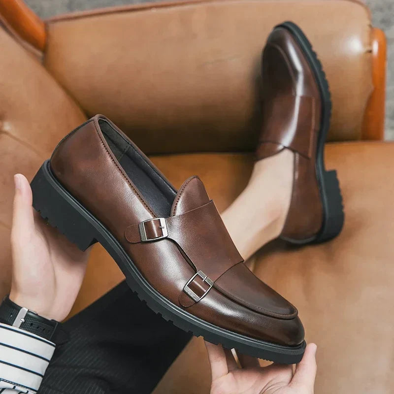 Men Fashion Formal Handmade Monk Shoes Derby  Dress Leather Gentleman Double Buckles Monk Shoes Pointed Wedding Shoes 2024