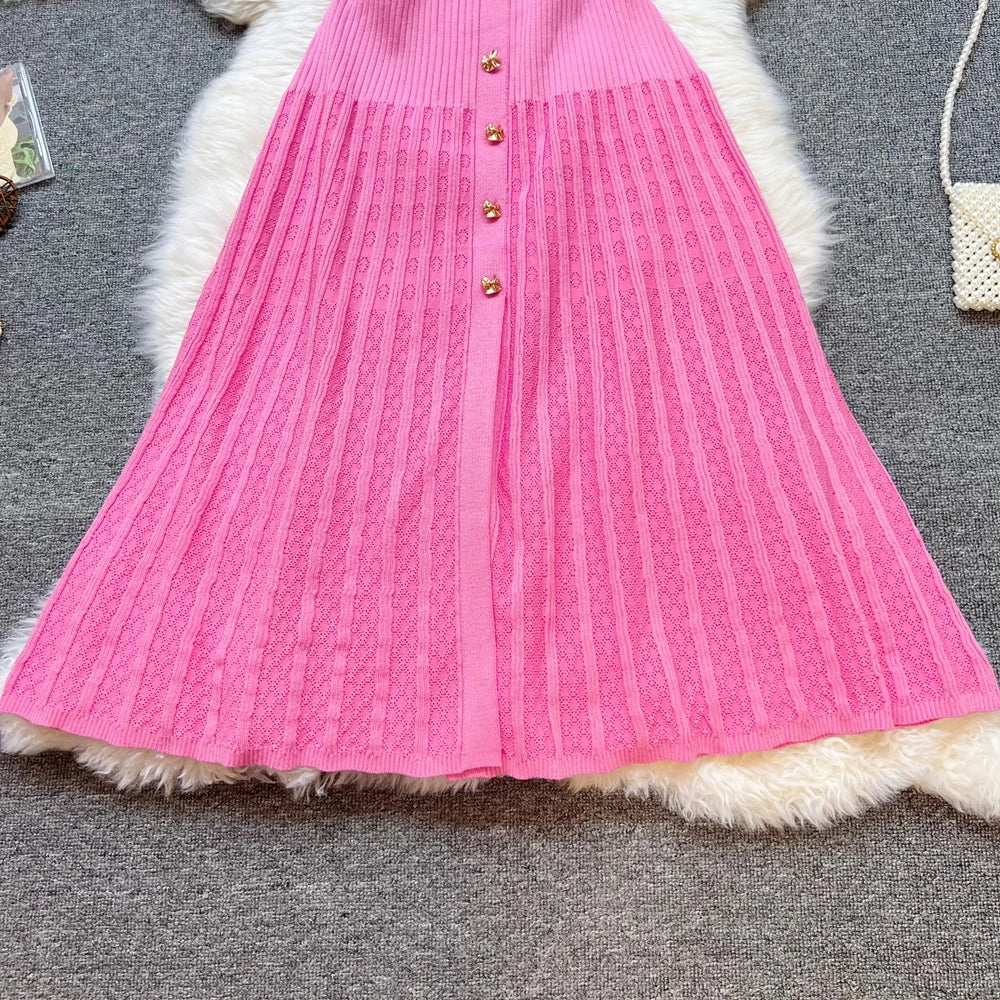 Brand Fashion Elegant Patchwork Knitted Long Dress Spring Summer Women Luxury Shirt Sweater Dress Lady Party Vestido