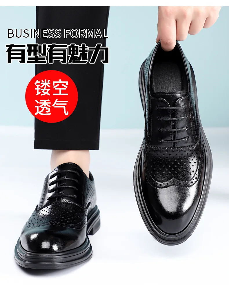 Spring Summer Hallow Leather Shoes for Men 3 6 8cm Increase Fashion Dress Shoes Male Black Business Casual Shoes Man