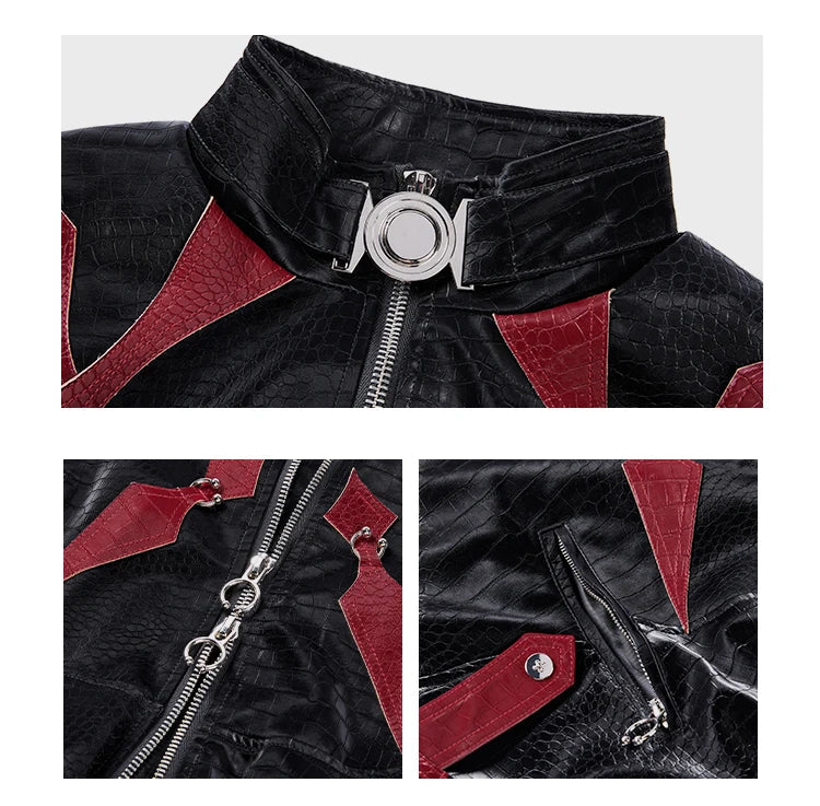 Spring Autumn Cool Handsome Crocodile Print Patchwork Pu Leather Jacket Men Color Block Luxury Designer Clothes 2024