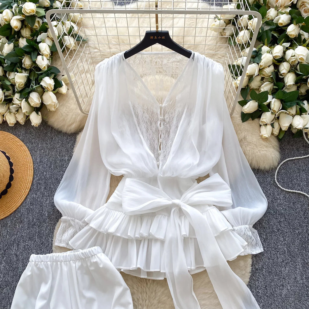 Fairycore Lace Chiffon Dresses With Stretch Shorts Pearl Button Bow Female Ruffles Sheer Seaside Holiday Mini Dress