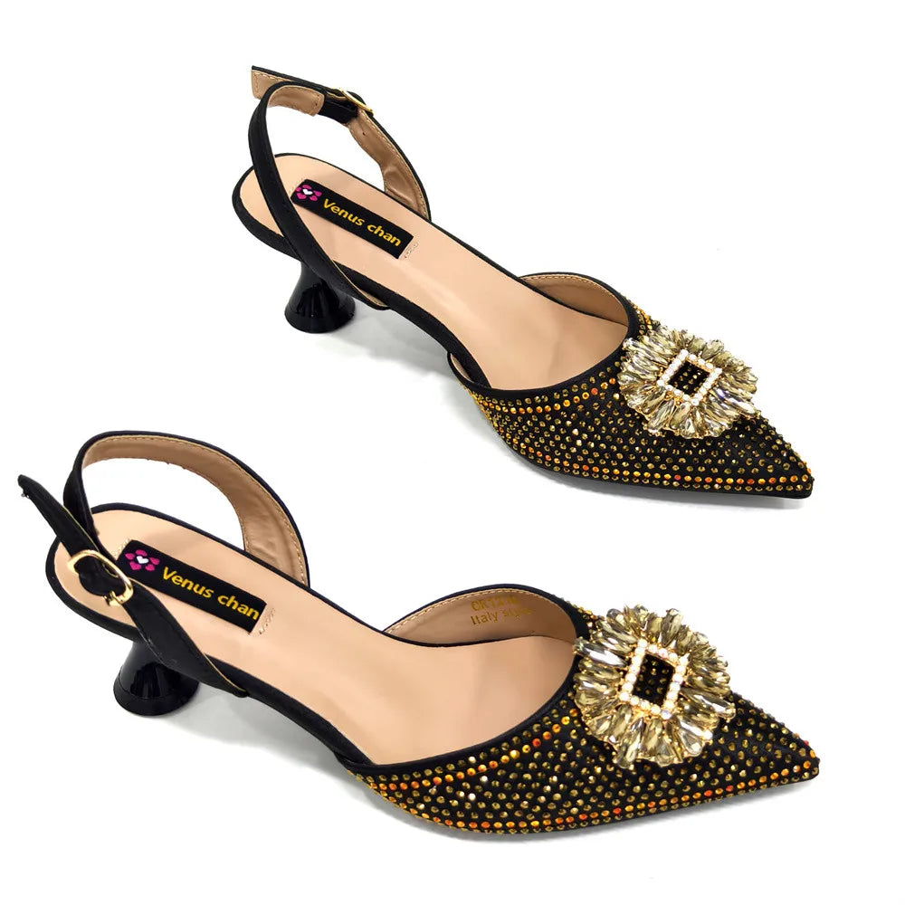 African Style Women's Shoes Mixed With BlackGold High Heels Pointed At The Dinner Party Nigerian Women's Shoes