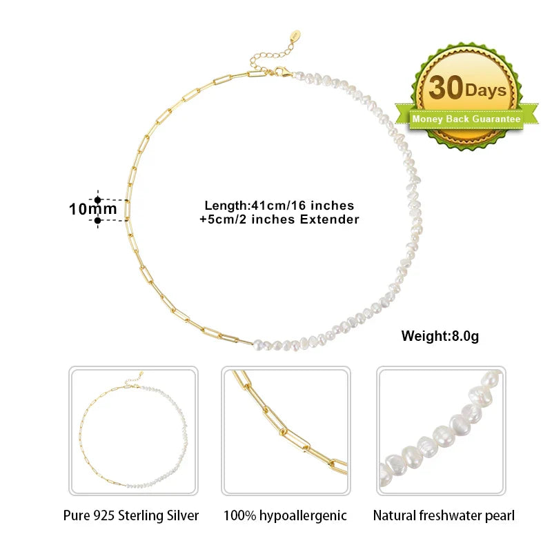 14K Gold 925 Sterling Silver Pearl Necklace with 3-4mm Handmade Natural Baroque Pearl Tiny Chain for Women GPN19