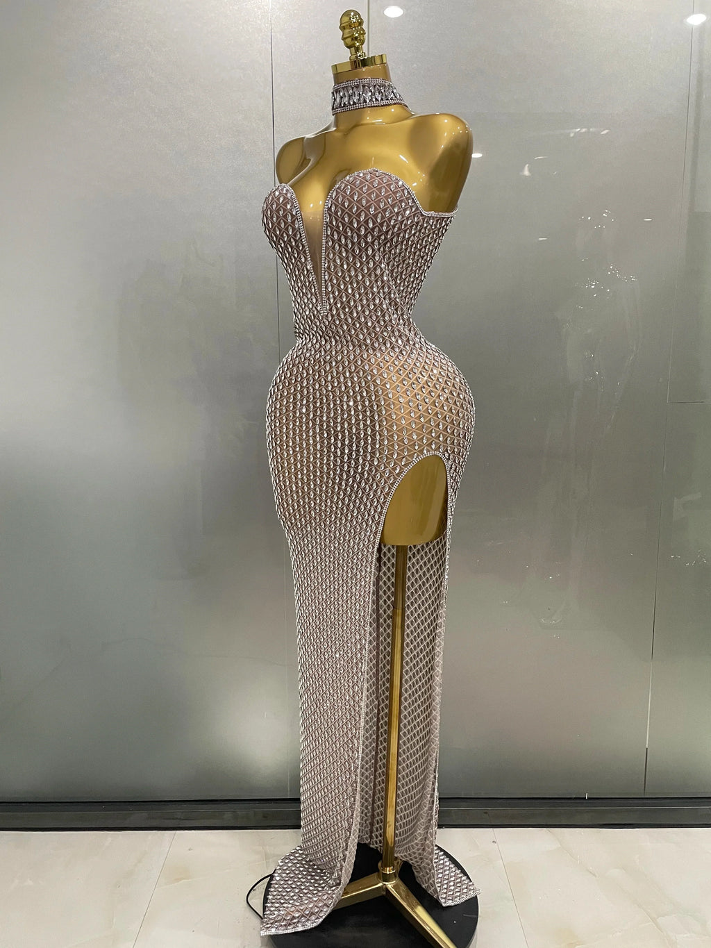2025 Luxurious Full Rhinestones Mesh Transparent Long Dress Women Birthday Celebrate Evening Prom Dress Party Club Stage Costume