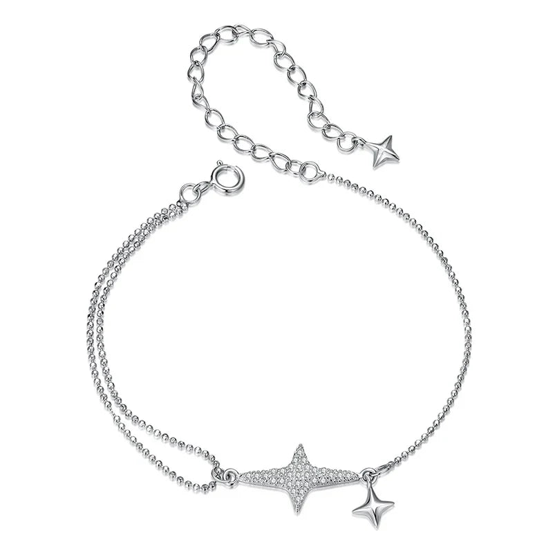 925 Sterling Silver Dainty Starlight White Gold Plated Stackable Bracelet for Women, Adjustable Link Chain CZ Bracelets