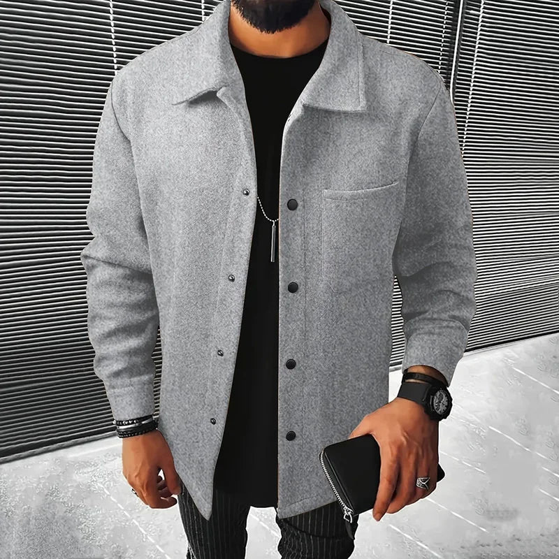 Men's Polyester Brushed Jacket, Lapel Button/Zipper Coat with Pocket, Comfortable Casual Autumn Winter Office Business Wear
