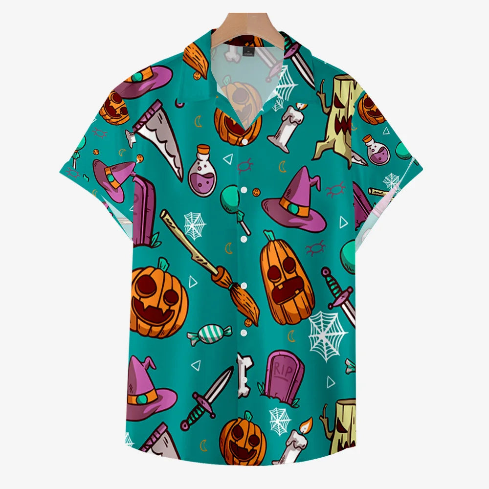 2024 Men's Summer Casual Short Sleeve Shirts Halloween Skull 3d Print Hip Hop Plus Size