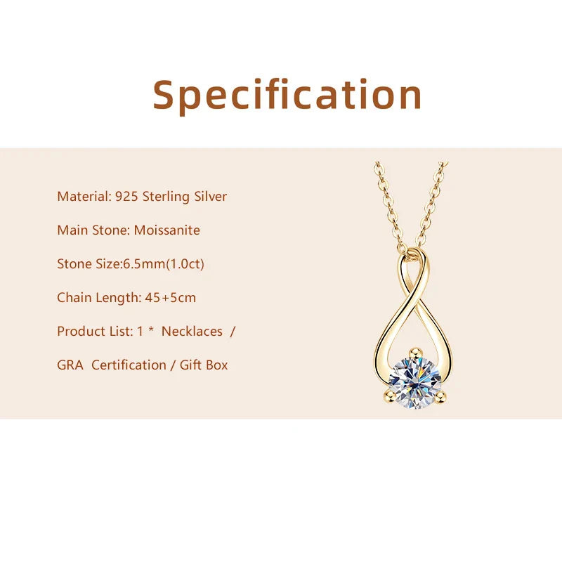 Collier Argent 925 Sterling Silver Pendant Necklace Certified 6.5mm Round Cut Moissanite Infinity Necklace for Women