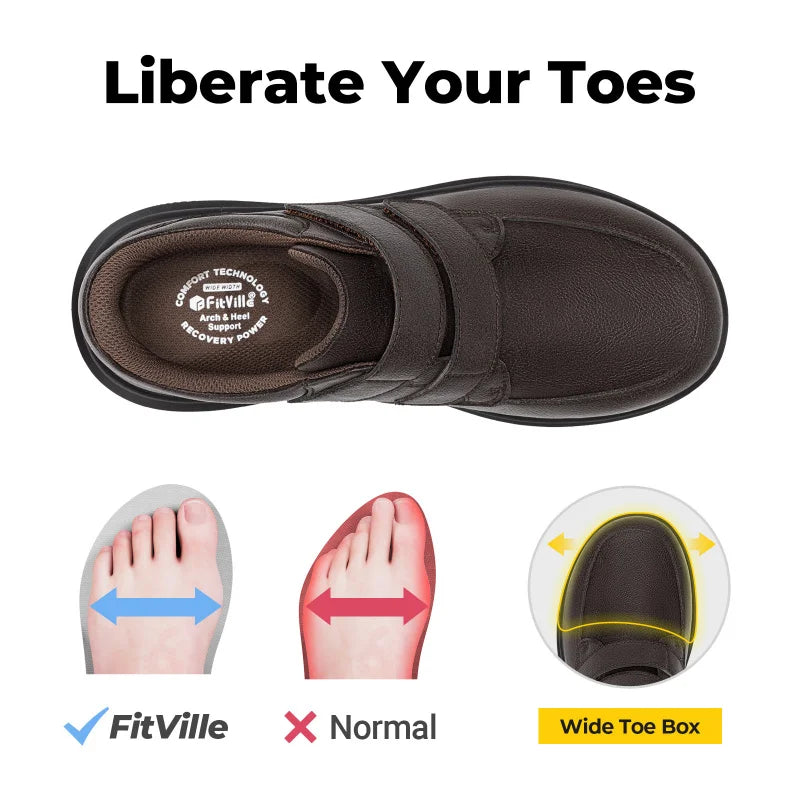 Men'S Wide Walking Shoes Hook And Loop Comfortable Leather Business Shoes Orthopedic Diabetic Shoes For Swollen Feet