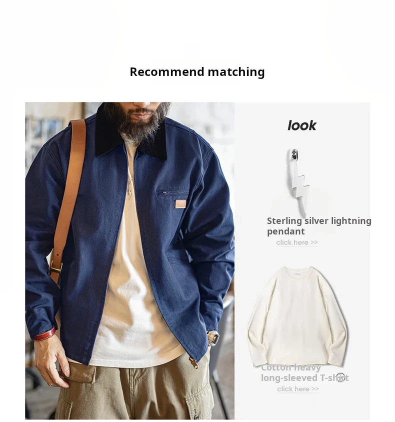 Men's Retro J001 Detroit Jacket Heavyweight Canvas Hunting Coat Lapel Collar Work Jackets with Zipper for Spring Fall