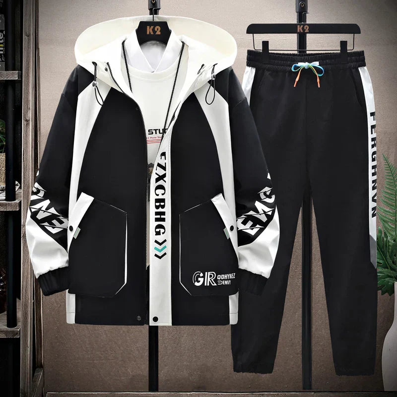 Spring Autumn Casual Men Sets Jacket + Pants Two Pieces Fashion Korean Trend Hooded Baseball Uniform Suit Man Outfit