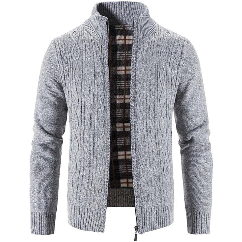 Winter Autumn New Sweater Knit Cable Cardigan Men Business Casual Jacket Zipper Up Solid Color Turn-down Coat Fleece Clothes