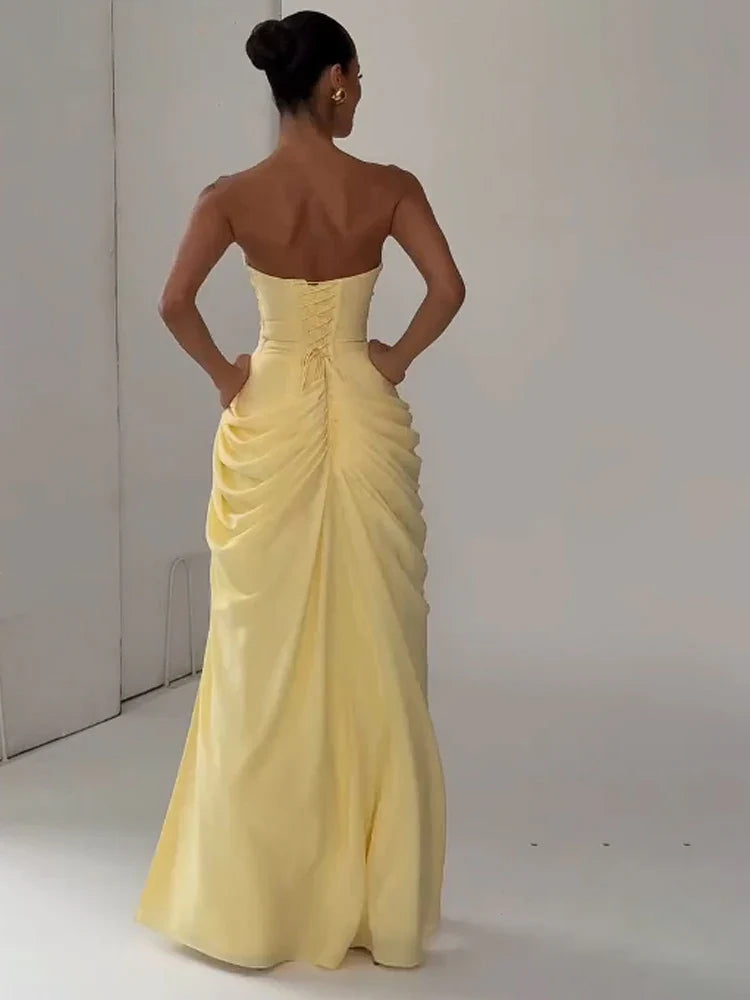 Elegant Solid Pleated Strapless Maxi Dress Yellow Off-shoulder Backless High Waist Split Robe 2026 New Lady Evening Party Gown