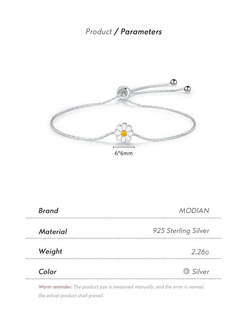 925 Sterling Silver Exquisite Enamel Daisy Flowers Bracelet Trendy Adjustable Snake Chain For Women Valentine’s Day Gifts