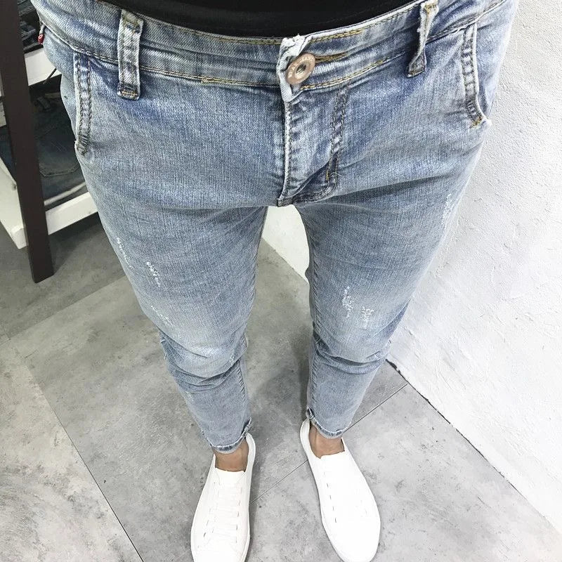 2024 Spring and Autumn New Fashion Trend Solid Color Elastic Small Legs Men's Casual Slim Comfortable High Quality Denim Pants