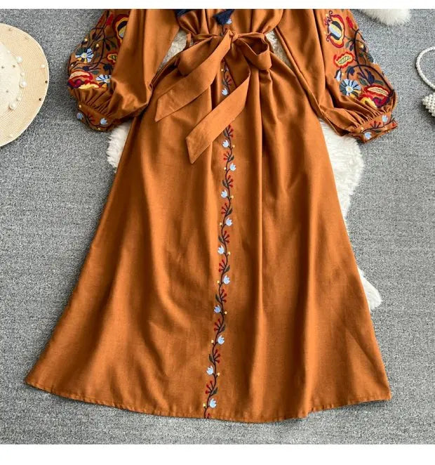 Retro Ethnic Sle Long Sve Embroidered round Ne A-Line Cotton Linen Dr Slimming Waist Cinched Ele Long Dr