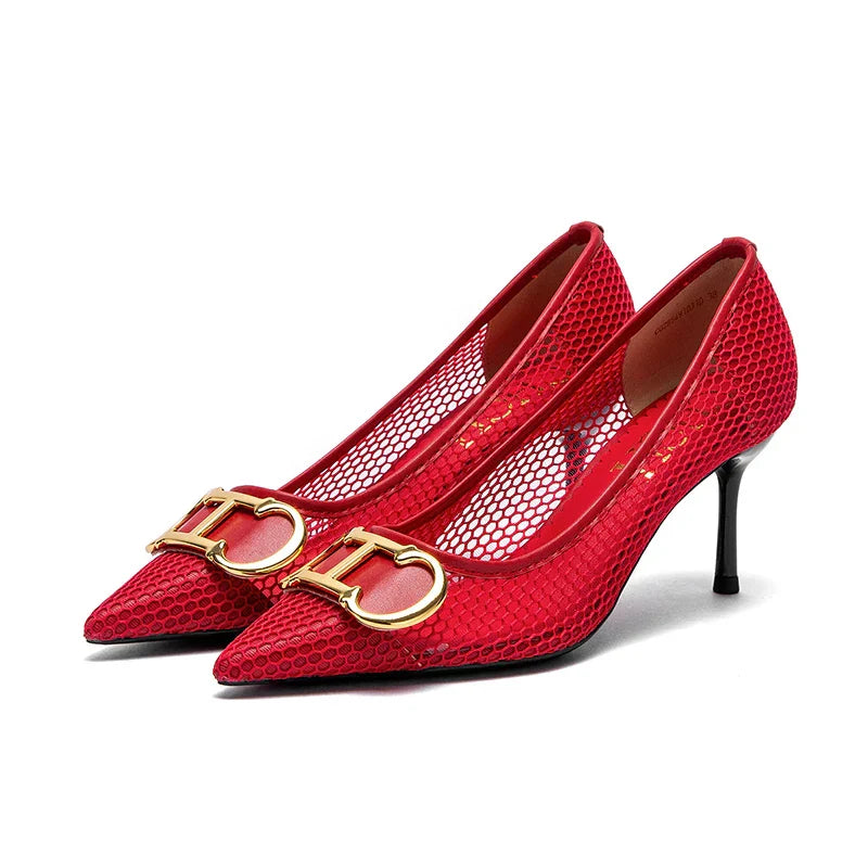 Women's High Heels 2025 Spring New Hollow Business Women's Shoes 7cm Red Evening Shoes