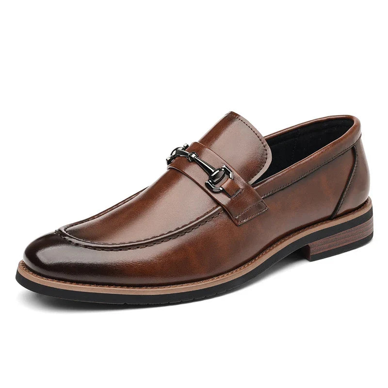 Mens Brown Burnished Genuine Leather Horsebit Loafers Slip On Formal Business Office Wedding Groom Daily Wear Shoes Simple New
