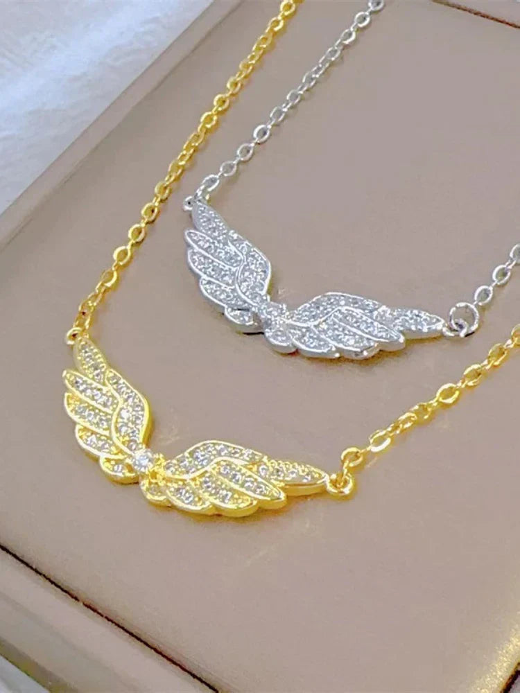 Fashion Retro Light Luxury White Jewelry Angel Wings Necklace Exquisite Personality Stainless Steel Clavicle Chain