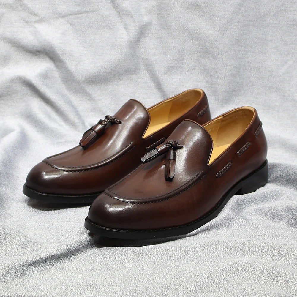 Italian Style Men's Loafers Tassel Genuine Cow Leather Comfortable Slip on Wedding Party Office Dress Shoes for Men Casual Shoes