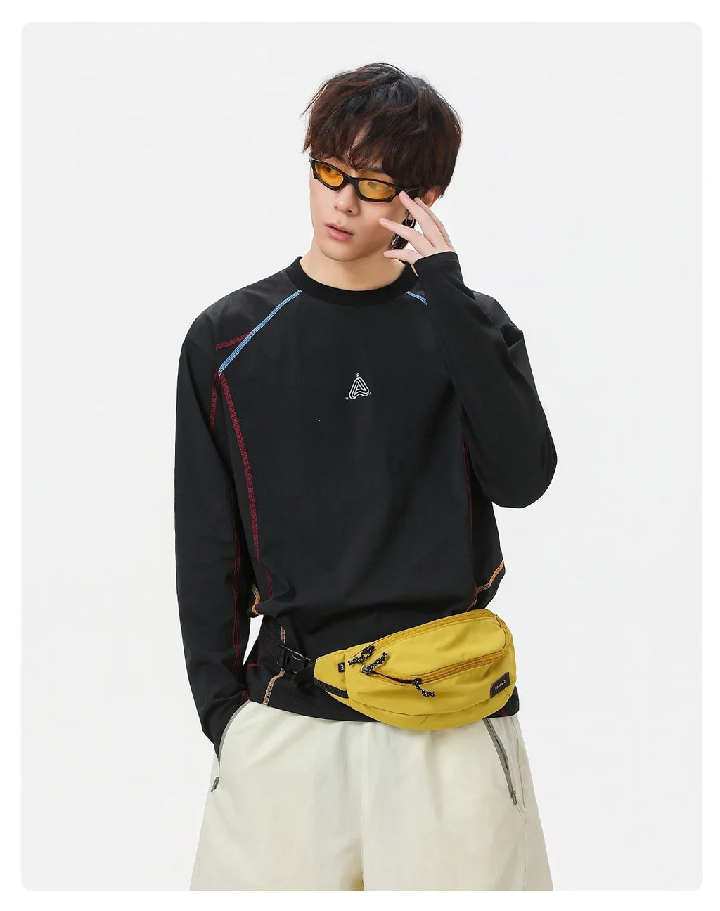 Men's Cool-Touch Contrast Stitch Long Sleeve T-Shirt – Loose Fit Moisture-Wicking Athletic Top for Autumn & Summer Sports