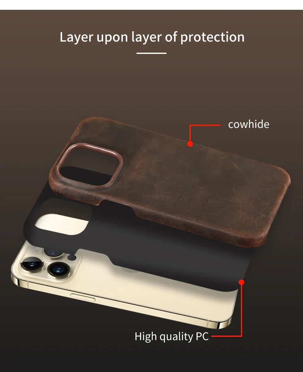 for Magsafe Case for iPhone 15 16 17 Pro Max Air Retro Luxury Full Grain Cowhide Genuine Oiled PULL-UP Leather Magnetic Cover
