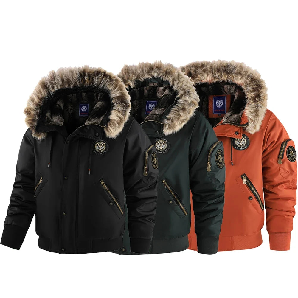 Winter Men's Black Padded Jacket Removable Hood Durable Windproof Fabric Embroidery Decorative Side Pockets Sleeve Zipper