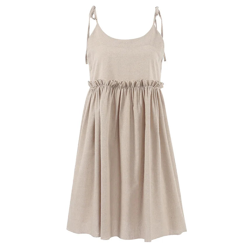 Women's Cotton Linen Spaghetti Strap Mini Dress Summer Loose A-Line Beach Vacation Dress Female Fashion Streetwear Dress