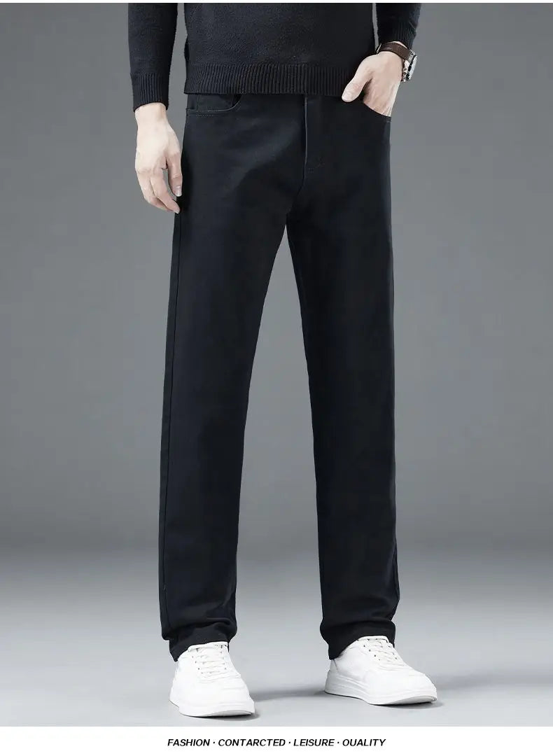 2026 Autumn Winter New Trendy Classic Jeans Male Solid Color Washed Straight Denim Pants Wide Leg Business Casual Stretchy Jeans