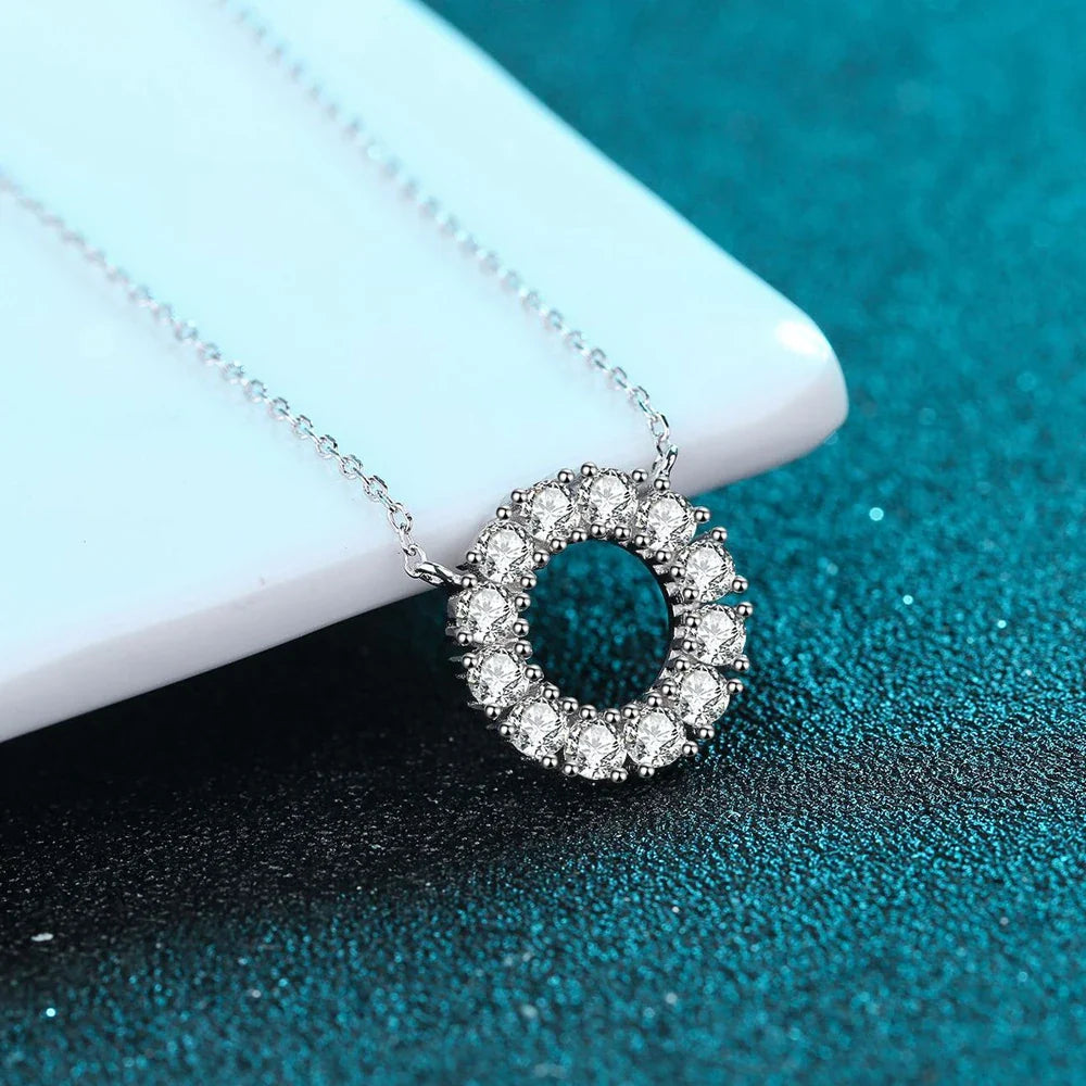Full Moissanite Round Pendant Necklace Original 925 Sterling Sliver Chain Plated 18k White Gold Fine Necklace for Women