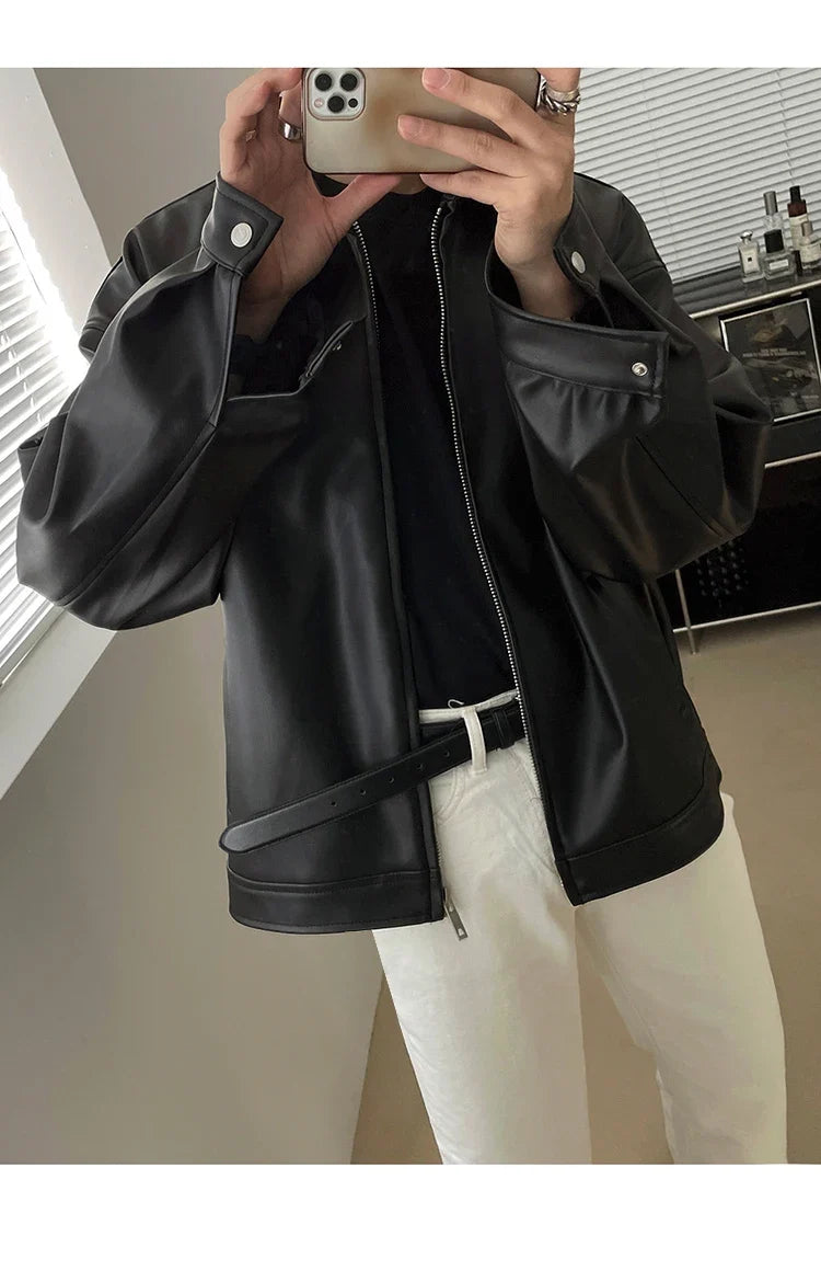 Spring Autumn Cool Luxury Short Black Soft Light Pu Leather Jacket Men Zipper Casual Mens Jackets and Coats Fashion