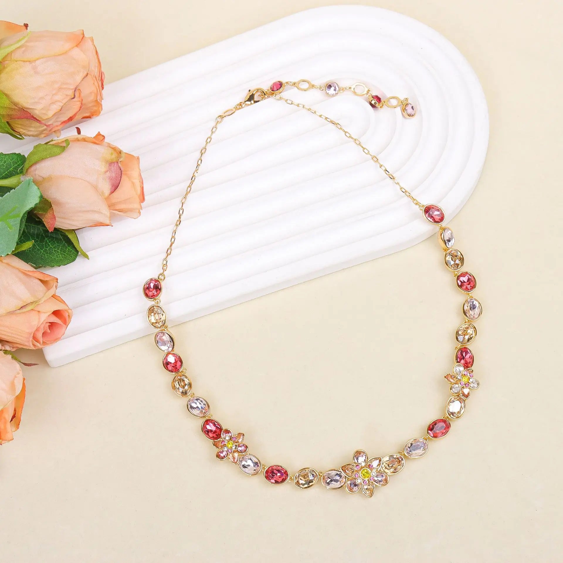 Delicate Crystal Beaded Necklace Earrings Bracelet Gift Set, High-End Fashion Jewelry Collection for Women,work to dinner piece