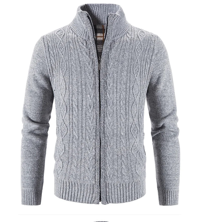 Winter Autumn New Sweater Knit Cable Cardigan Men Business Casual Jacket Zipper Up Solid Color Turn-down Coat Fleece Clothes