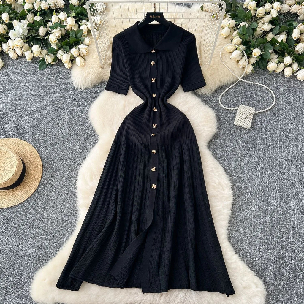 Chic Fashion Elegant Patchwork Knitted Maxi Dress 2025 Summer Lady Turn-down Collar Shirt Sweater Dress Party Vestidos