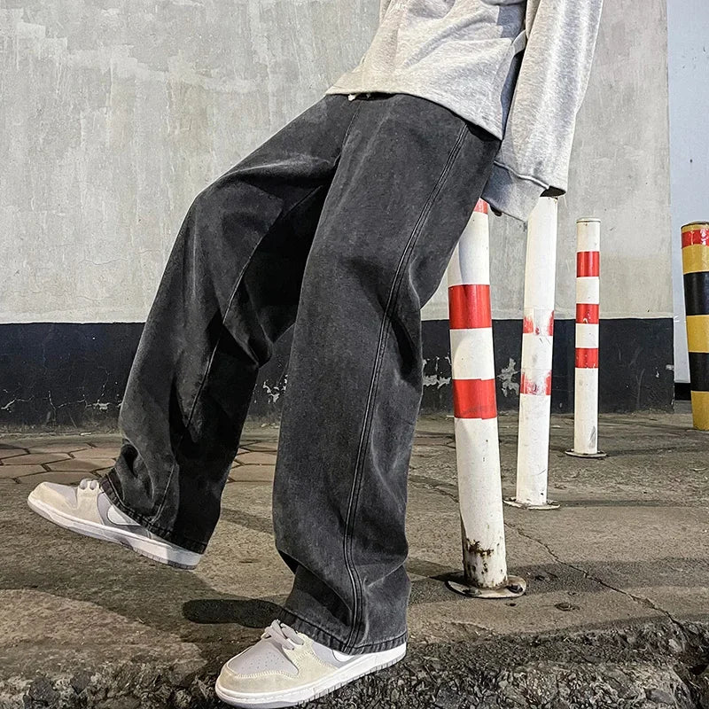 Good Quality Streetwear Loose Jeans Men Korean Style Fashion Loose Straight Wide Leg Pants Men's Brand Clothing Black Light Blue