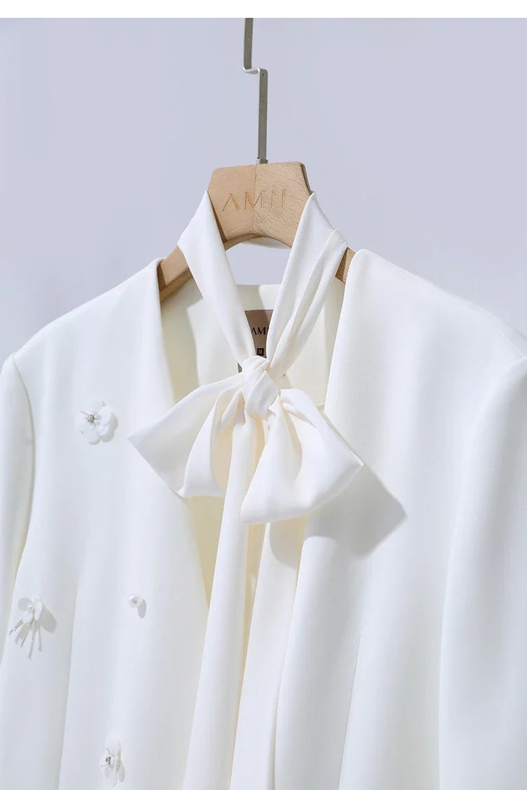 Amii Women's Jacket 2026 Autumn New Elegant Commuter Beaded Flower Chiffon Streamer Tie Blazers Solid Loose V-Neck Top 12641078