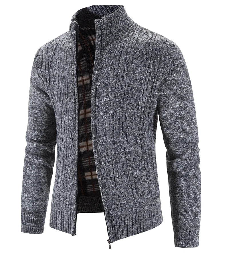 Winter Autumn New Sweater Knit Cable Cardigan Men Business Casual Jacket Zipper Up Solid Color Turn-down Coat Fleece Clothes