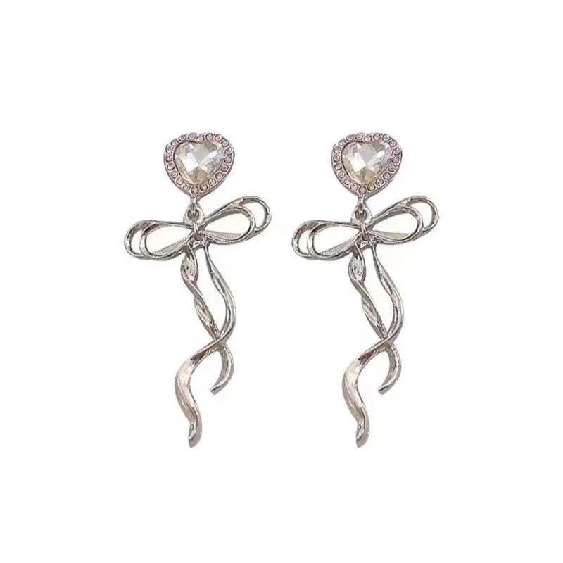 Jewelry Sweet Heart Rhinestone Butterfly Shape Dangle Earrings for Women Silver Color Korean Fashion Y2K Piercing Earring