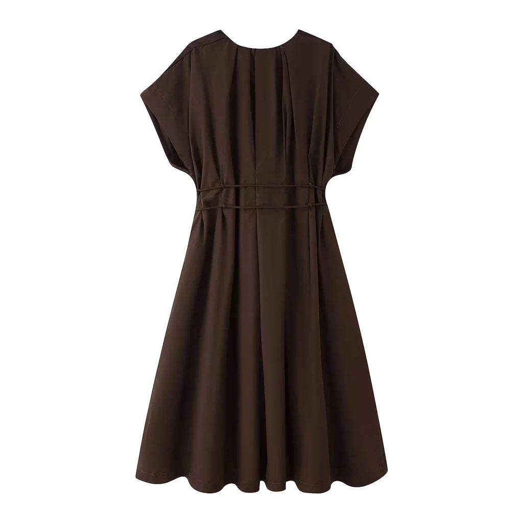 2026 Spring Summer Vintage Women Dress Fashion Single Breasted Sashes Draped V Neck Sleeveless Chic Brown Ladies Dresses