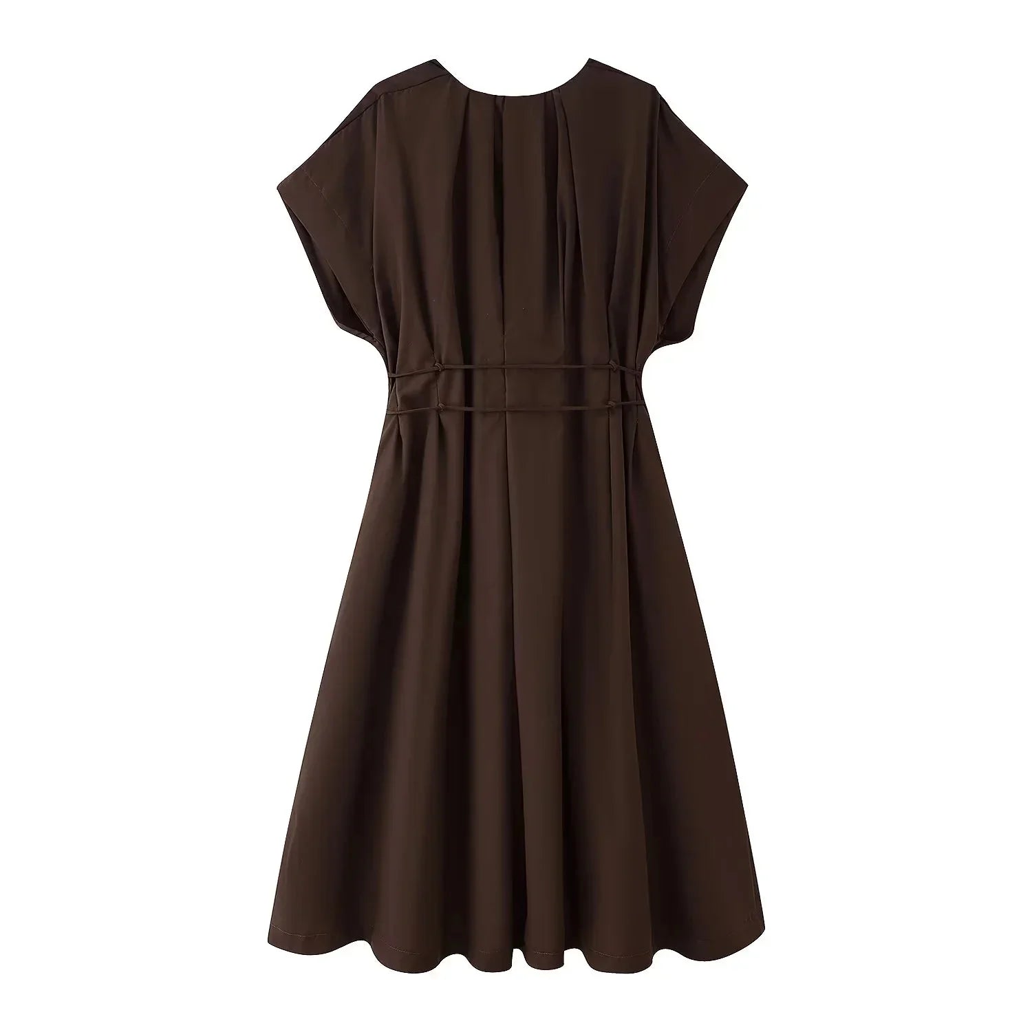 2026 Spring Summer Vintage Women Dress Fashion Single Breasted Sashes Draped V Neck Sleeveless Chic Brown Ladies Dresses