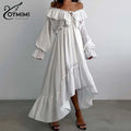 Elegant White Ruffled Dresses 2025 Woman Fashion V-Neck Lace-Up Long Sleeve Dresses Casual High Waist Floor-Length Dress