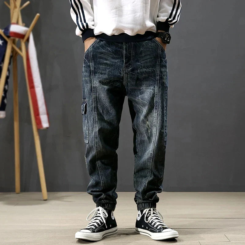 Men Jeans Retro Blue Printed Designer Big Pocket Casual Cargo Pants
