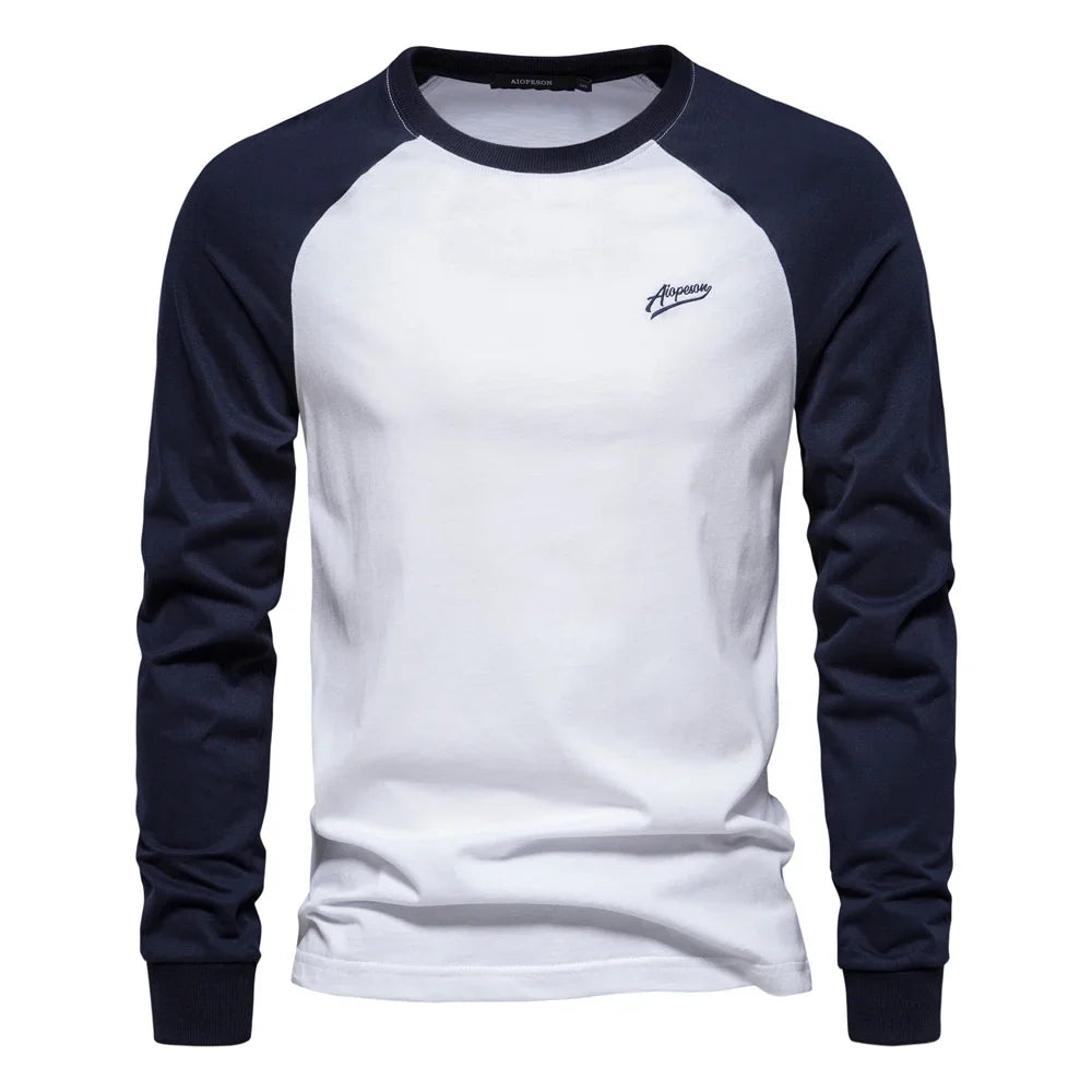 Men's T-shirts 100% Cotton Long Sleeve O-neck Pactwork Casual T shirts for Men New Spring Designer Tees Men Clothing