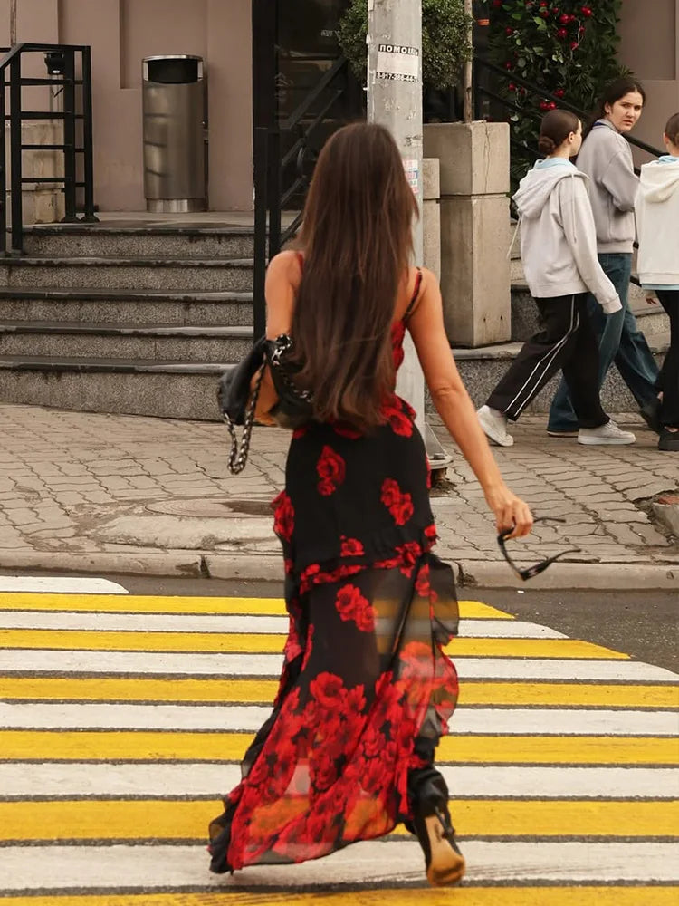 2025 Summer Fashion Women's Straps Dresses Print Asymmetrical Chiffon Floral Streetwear Skinny Trailing Yk2 Vestidos