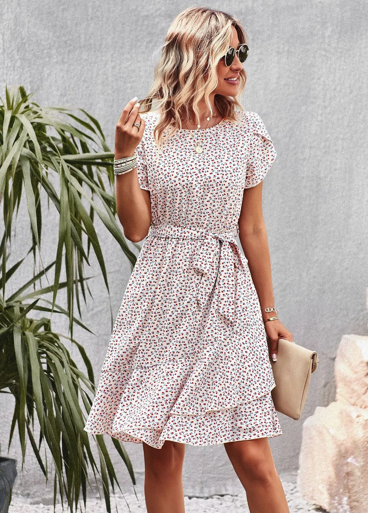 Summer O Neck Casual Printd Women Strap High Waist Pleated Floral Dress