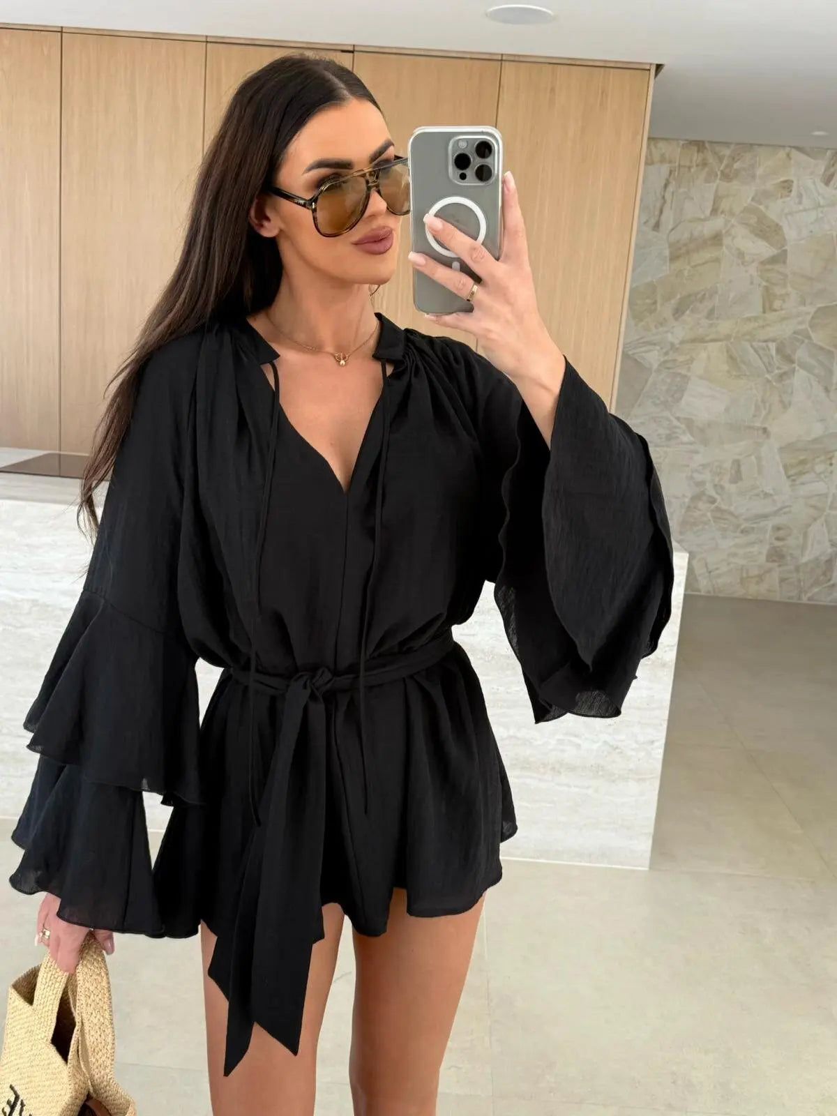2026 Autumn Ruffle Loose Mini Dress Casual Flare Sleeve Holiday Dresses Sexy Deep V-neck Lace Up Solid Women's Dress Vestidos