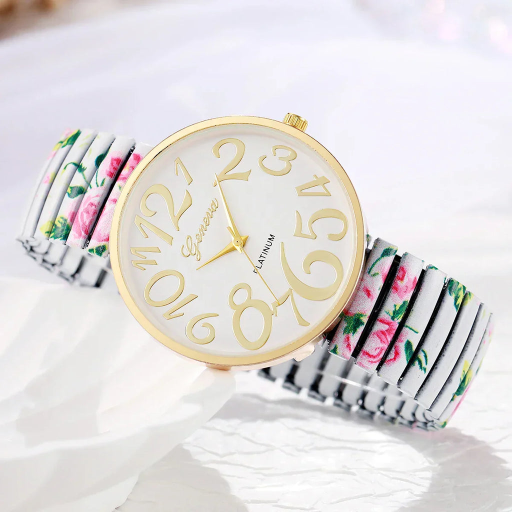 1/2/3/4PCS Fashion Flowers Printed Women Watch Luxury Elastic Strap Arabic Quartz Watches Reloj Mujer Girls Clock（Without Box）